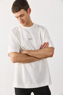 Erkek Brand Baskılı Bisiklet Yaka Regular Fit Tişört %100 Pamuk - Fildişi