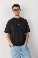 Erkek Brand Baskılı Bisiklet Yaka Regular Fit Tişört %100 Pamuk - Siyah