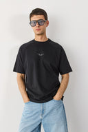 Erkek Brand Baskılı Bisiklet Yaka Regular Fit Tişört %100 Pamuk - Siyah
