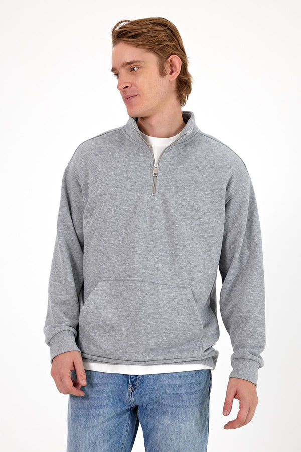 Erkek Bruce Gri Melanj Dik Yaka Yarım Fermuarlı Sweatshirt