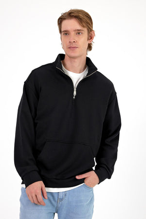 Erkek Bruce Siyah Dik Yaka Yarım Fermuarlı Sweatshirt