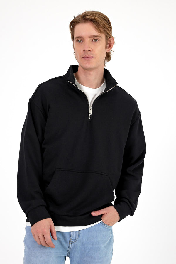 Erkek Bruce Siyah Dik Yaka Yarım Fermuarlı Sweatshirt