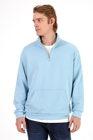 Erkek Bruce Dik Yaka Yarım Fermuarlı Sweatshirt - Gök Mavisi