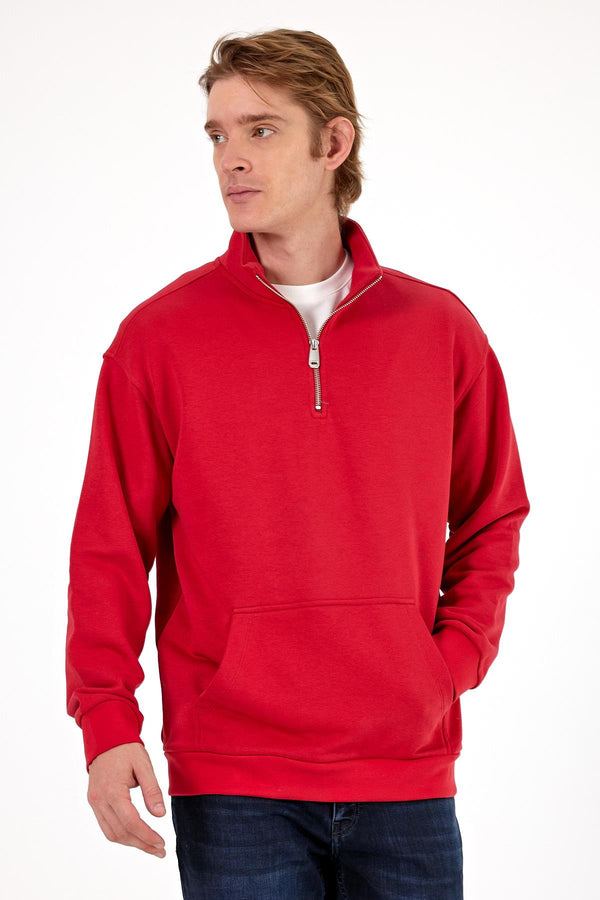 Erkek Bruce Vişne Dik Yaka Yarım Fermuarlı Sweatshirt