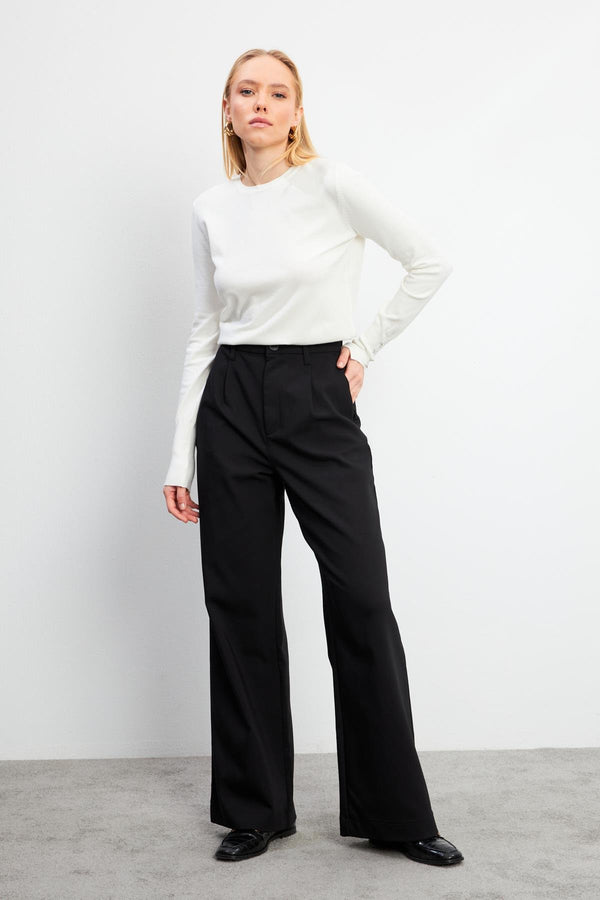 Kadın Siyah Wide Leg Kaşe Pantolon