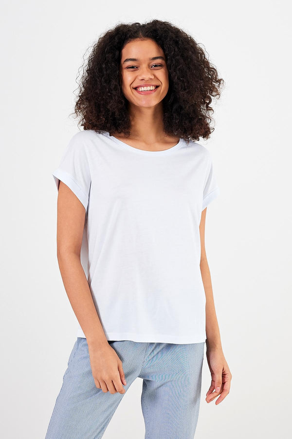 Kadın Cindy Beyaz Bisiklet Yaka Regular Fit Basic Modal Tişört (Lyocell)
