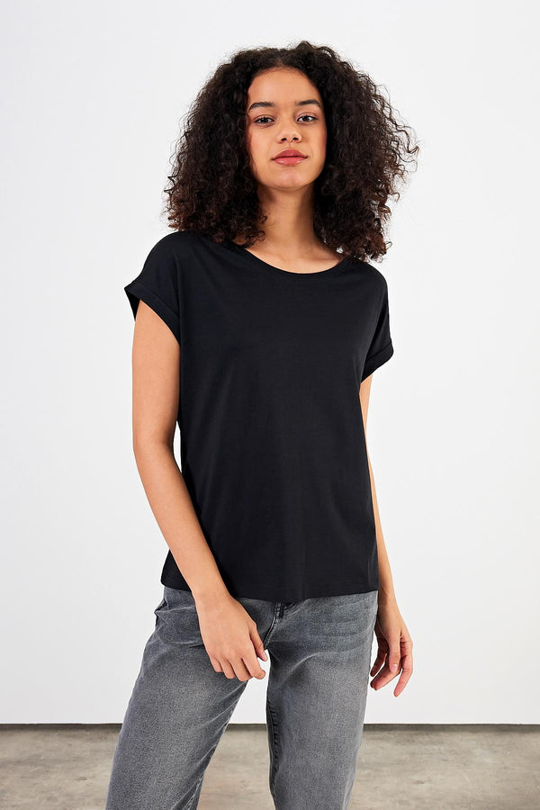 Kadın Cindy Siyah Bisiklet Yaka Regular Fit Basic Modal Tişört (Lyocell)