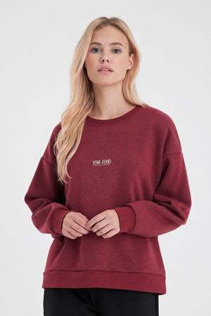 Kadın Cindy Logo Baskılı Bisiklet Yaka Şardonlu Sweatshirt - Bordo