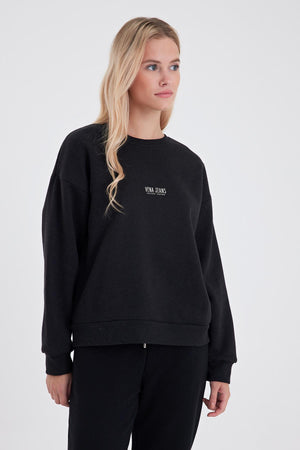 Kadın Cindy Logo Baskılı Bisiklet Yaka Şardonlu Sweatshirt - Siyah