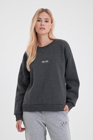 Kadın Cindy Logo Baskılı Bisiklet Yaka Şardonlu Sweatshirt - Antrasit
