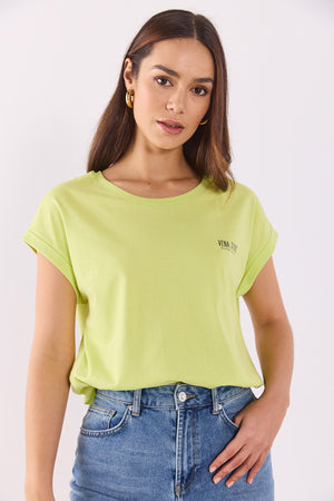 Kadın Cindy Vena Logolu Tişört %100 Pamuk - LIME