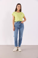 Kadın Cindy Vena Logolu Tişört %100 Pamuk - LIME