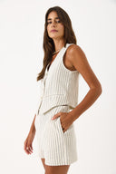 Kadın Çizgili Gold Düğme Detaylı Yelek Form Bluz - Lacivert Çizgili