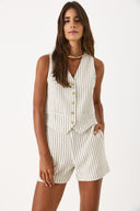 Kadın Çizgili Gold Düğme Detaylı Yelek Form Bluz - Lacivert Çizgili