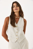 Kadın Çizgili Gold Düğme Detaylı Yelek Form Bluz - Lacivert Çizgili