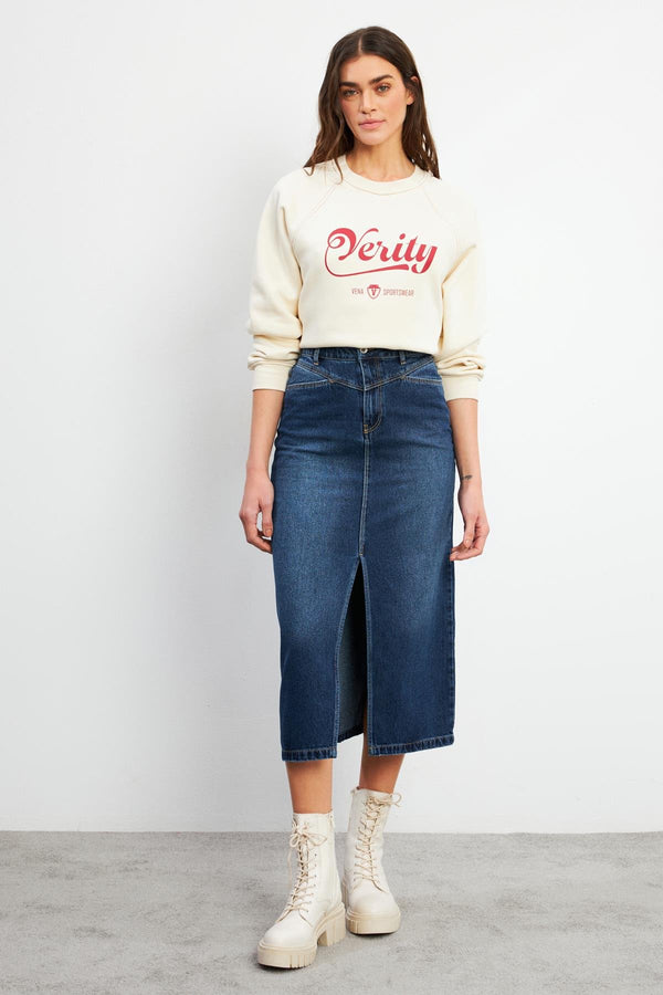 Kadın Clara Dark Blue Bilek Boy Jean Etek %100 Pamuk - Dark Blue