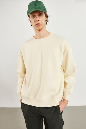 Erkek Clark Sıfır Yaka Oversize Sweatshirt - Kemik