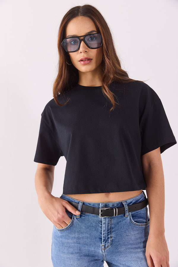 Crop Kısa Kollu T-shirt - SİYAH