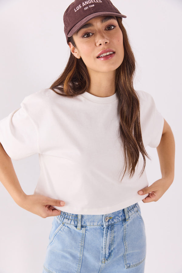 Crop Kısa Kollu T-shirt - FİLDİŞİ