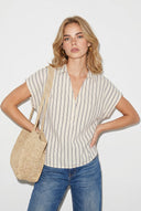 Darya Gömlek Yaka Kısa Kollu Çizgili Keten Bluz-Lacivert Çizgili