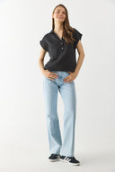 Kadın Darya Gömlek Yaka Kısa Kollu %100 Keten Bluz - Siyah