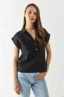Kadın Darya Gömlek Yaka Kısa Kollu %100 Keten Bluz - Siyah