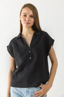 Kadın Darya Gömlek Yaka Kısa Kollu %100 Keten Bluz - Siyah