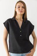 Kadın Darya Gömlek Yaka Kısa Kollu %100 Keten Bluz - Siyah