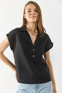 Kadın Darya Gömlek Yaka Kısa Kollu %100 Keten Bluz - Siyah