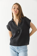 Kadın Darya Gömlek Yaka Kısa Kollu %100 Keten Bluz - Siyah