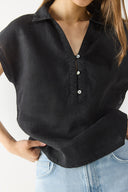 Kadın Darya Gömlek Yaka Kısa Kollu %100 Keten Bluz - Siyah