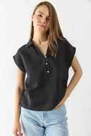 Kadın Darya Gömlek Yaka Kısa Kollu %100 Keten Bluz - Siyah