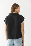 Kadın Darya Gömlek Yaka Kısa Kollu %100 Keten Bluz - Siyah