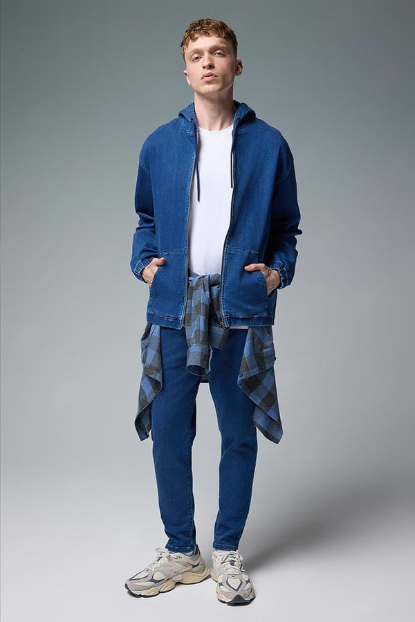 Erkek David Dark Blue Kapüşonlu Önü Fermuarlı Jean Ceket - Dark Blue