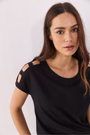 Kadın Elsa Bisiklet Yaka Omzu Detaylı Modal Tişört (TENCEL)™ - Siyah