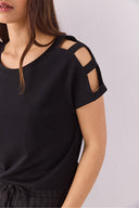 Kadın Elsa Bisiklet Yaka Omzu Detaylı Modal Tişört (TENCEL)™ - Siyah