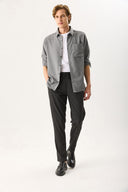 Erkek Alfred Beli Lastikli Çizgili Kaşe Pantolon - Gri Çizgili