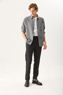 Erkek Alfred Beli Lastikli Çizgili Kaşe Pantolon - Gri Çizgili