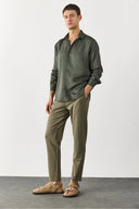 Erkek Alfred Beli Lastikli İnce Çizgili Gofre Pantolon - Haki Çizgili