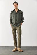 Erkek Alfred Beli Lastikli İnce Çizgili Gofre Pantolon - Haki Çizgili