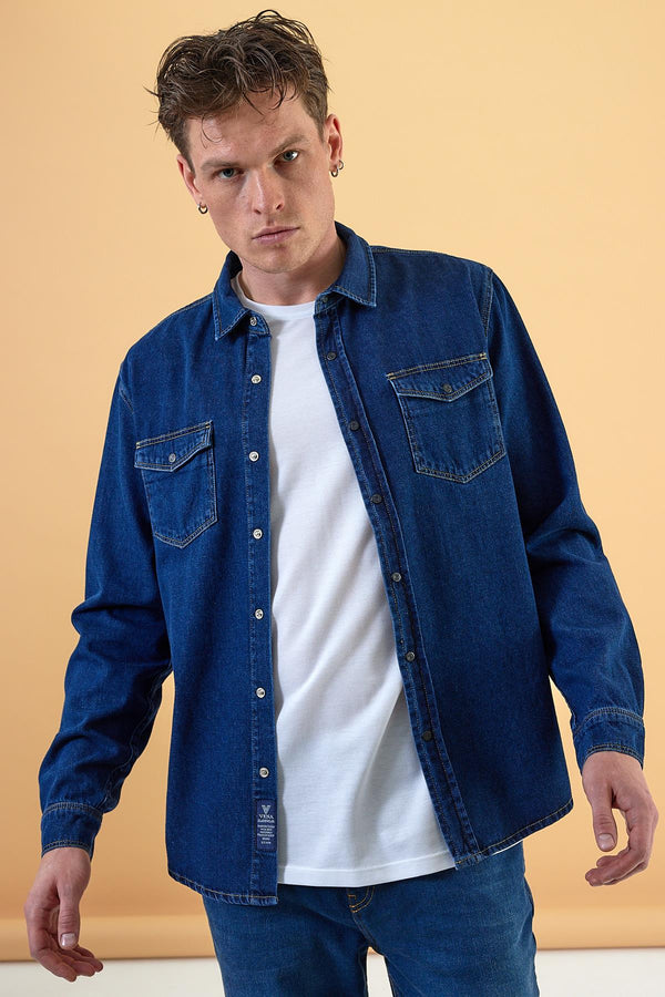 Erkek Austin Dark Blue Slim Fit Jean Gömlek