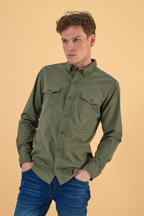 Erkek Austin Haki Slim Fit Gabardin Gömlek