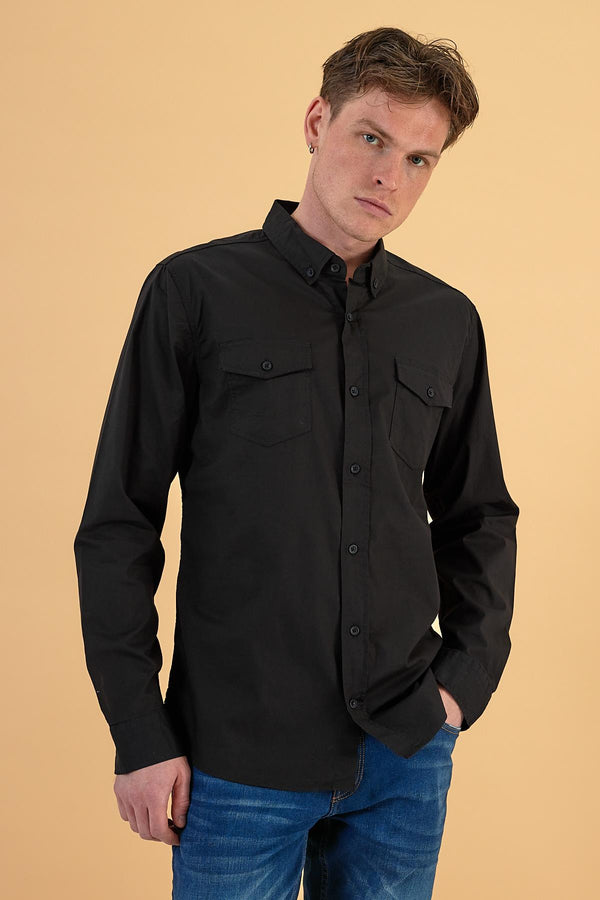 Erkek Austin Siyah Slim Fit Gabardin Gömlek