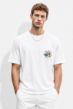 Erkek Beach Baskılı Bisiklet Yaka Regular Fit Tişört %100 Pamuk - Beyaz