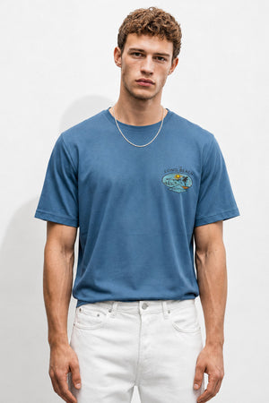 Erkek Beach Baskılı Bisiklet Yaka Regular Fit Tişört %100 Pamuk - Navy