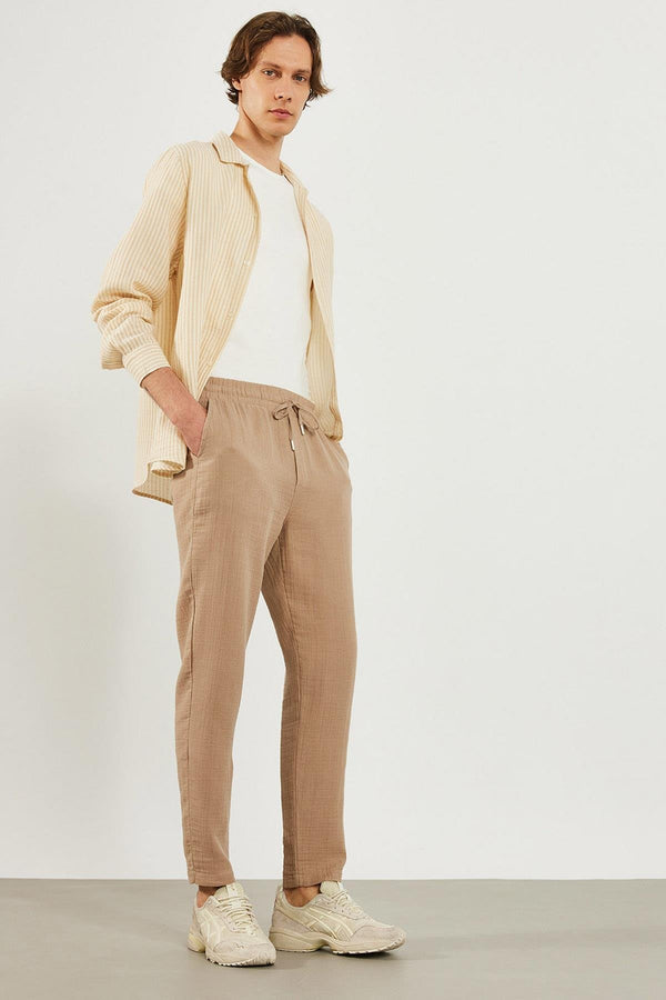 Erkek Beli Lastikli Taş Müslin Chino Pantolon