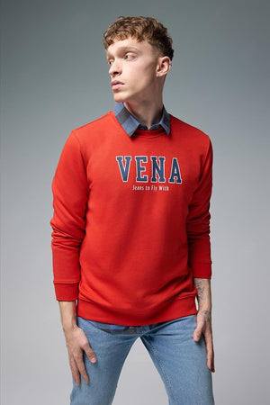 Erkek Bisiklet Yaka Logo Baskılı Pamuklu Sweatshirt - Kırmızı