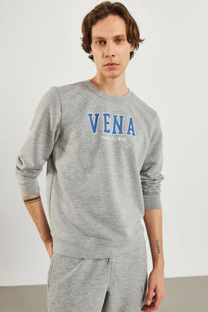 Erkek Bisiklet Yaka Logo Baskılı Pamuklu Sweatshirt - Gri Melanj