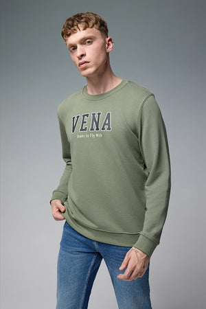 Erkek Bisiklet Yaka Logo Baskılı Pamuklu Sweatshirt - Haki