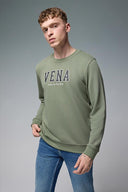 Erkek Bisiklet Yaka Logo Baskılı Pamuklu Sweatshirt - Haki